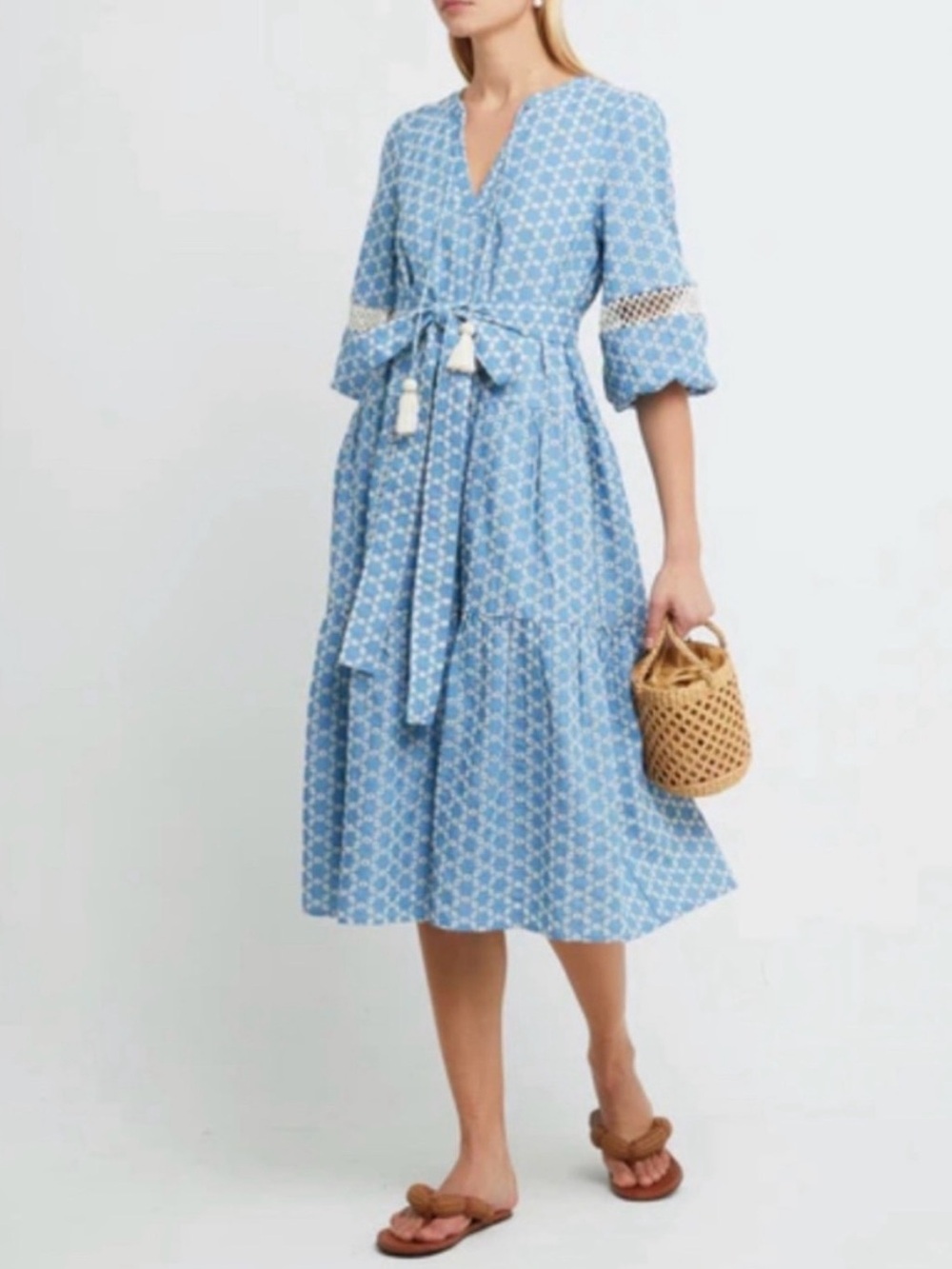 o.p.t. Blue Printed Tie-Belt Midi Dress
